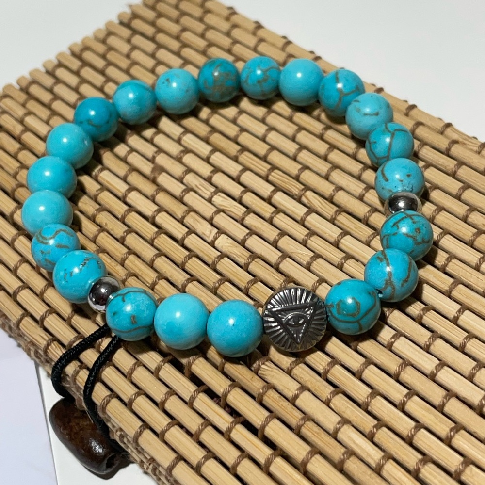 Gemstone 8mm Bracelet w/Stainless Steel All Seeing Eye Bead in a Bamboo Gift Box